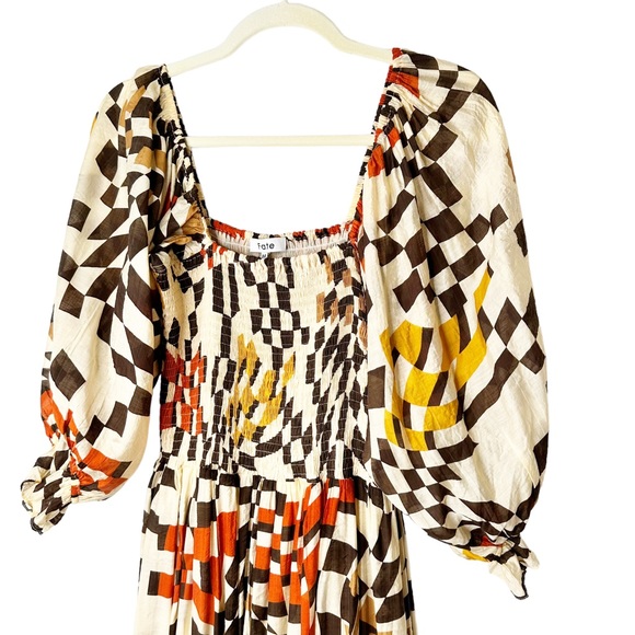 Fate Printed Pocketed Smocked Midi Dress Brown Multi Puffy Sleeves Square Neck M - Picture 11 of 16